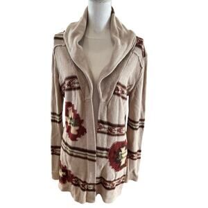 Lucky Brand Southwestern Aztec Print Cardigan Sweater Beige L